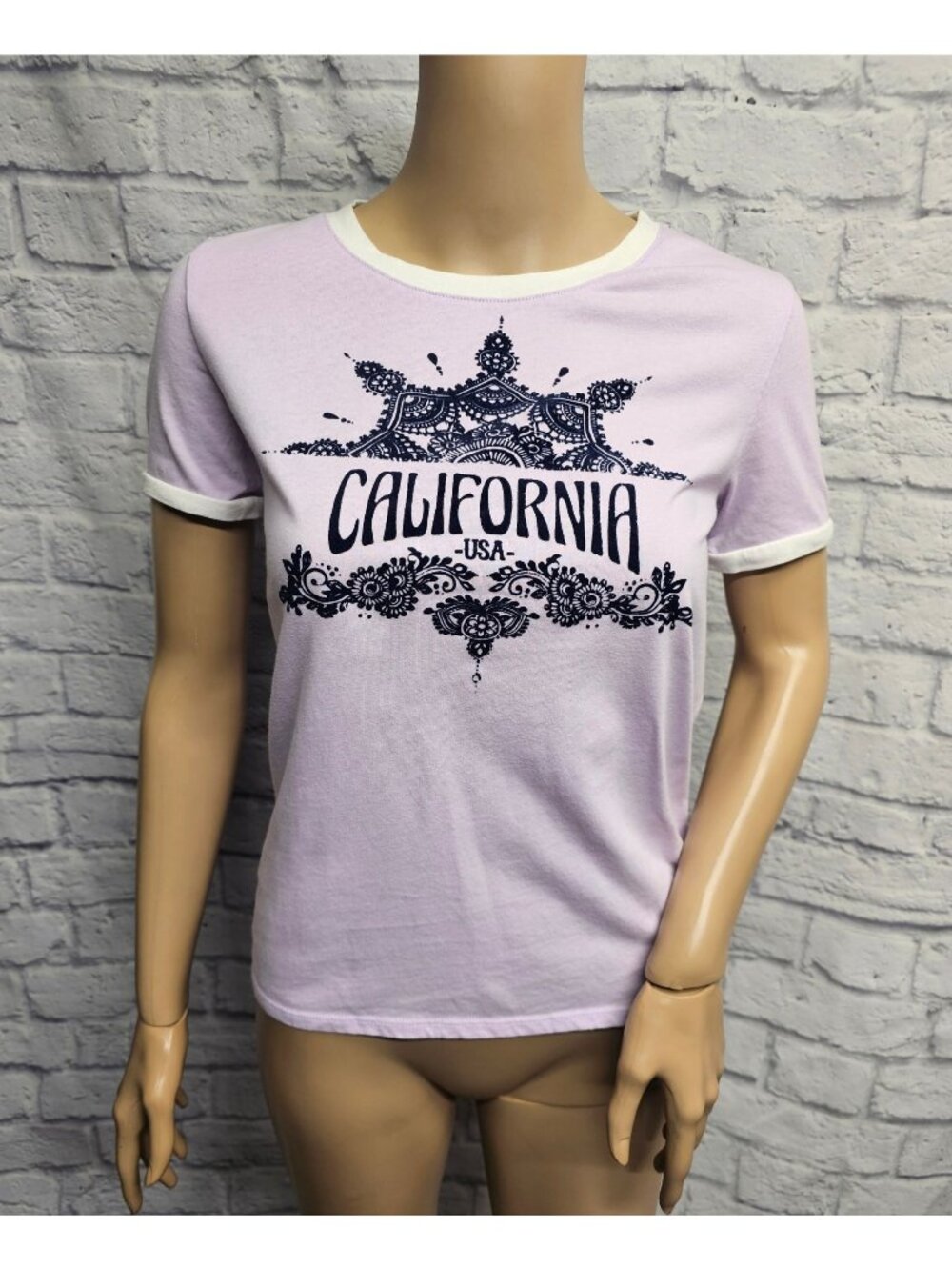 PRINT SHOP S LAVENDER PURPLE NAVY VELOUR RINGER CALIFORNIA USA FLORAL Top TEE